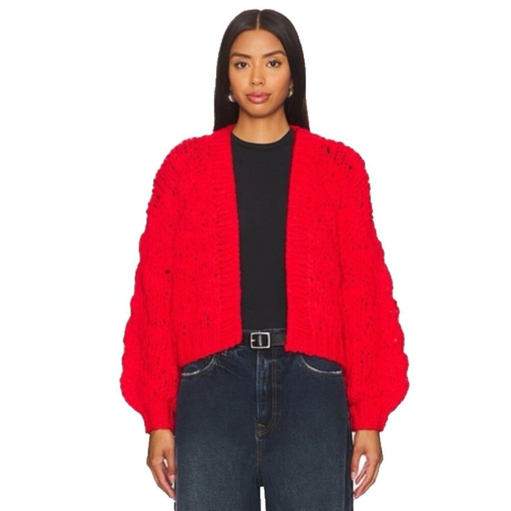 Callahan x Revolve Gigi Cardigan‎ Womens Red Knit Open Front Cropped Boxy